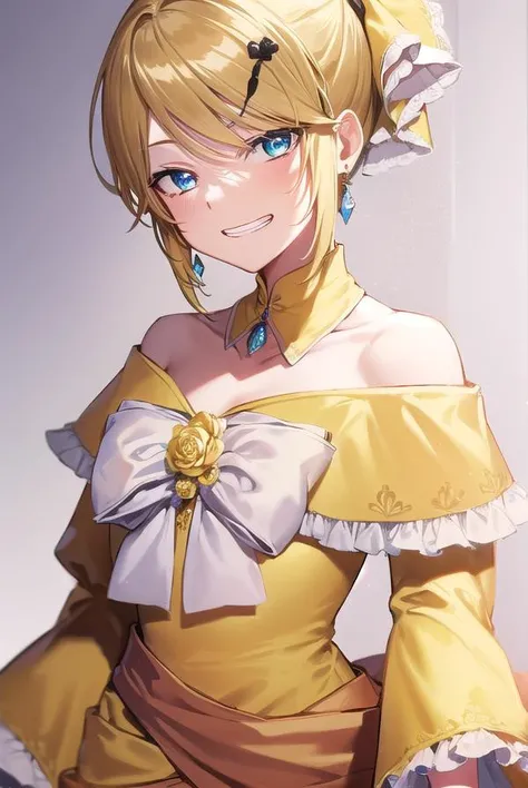 riliane, <lyco:riliane-lyco-nochekaiser:1>,
riliane, blonde hair, blue eyes, ponytail, short hair, parted bangs, <lora:gekioko_v200:1>, smile, grin, <lora:talkmouth_I_v100:1>, open mouth,
BREAK bow, bracelet, dangle earrings, detached collar, dress, (yellow dress:1.5), dress bow, earrings, flower, flower brooch, frilled dress, frills, gown, hair bow, hair ornament, hairclip, jewelry, long sleeves, necklace, off shoulder, off-shoulder dress, pendant, sash, wide sleeves,
BREAK cowboy shot, looking at viewer,
BREAK indoors,
BREAK <lyco:GoodHands-beta2:1>, (masterpiece:1.2), best quality, high resolution, unity 8k wallpaper, (illustration:0.8), (beautiful detailed eyes:1.6), extremely detailed face, perfect lighting, extremely detailed CG, (perfect hands, perfect anatomy),