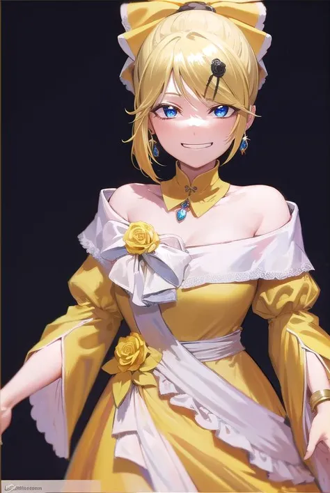 riliane, <lyco:riliane-lyco-nochekaiser:1>,
riliane, blonde hair, blue eyes, ponytail, short hair, parted bangs, <lora:gekioko_v200:1>, smile, grin, <lora:talkmouth_I_v100:1>, open mouth,
BREAK bow, bracelet, dangle earrings, detached collar, dress, (yellow dress:1.5), dress bow, earrings, flower, flower brooch, frilled dress, frills, gown, hair bow, hair ornament, hairclip, jewelry, long sleeves, necklace, off shoulder, off-shoulder dress, pendant, sash, wide sleeves,
BREAK cowboy shot, looking at viewer,
BREAK indoors,
BREAK <lyco:GoodHands-beta2:1>, (masterpiece:1.2), best quality, high resolution, unity 8k wallpaper, (illustration:0.8), (beautiful detailed eyes:1.6), extremely detailed face, perfect lighting, extremely detailed CG, (perfect hands, perfect anatomy),
