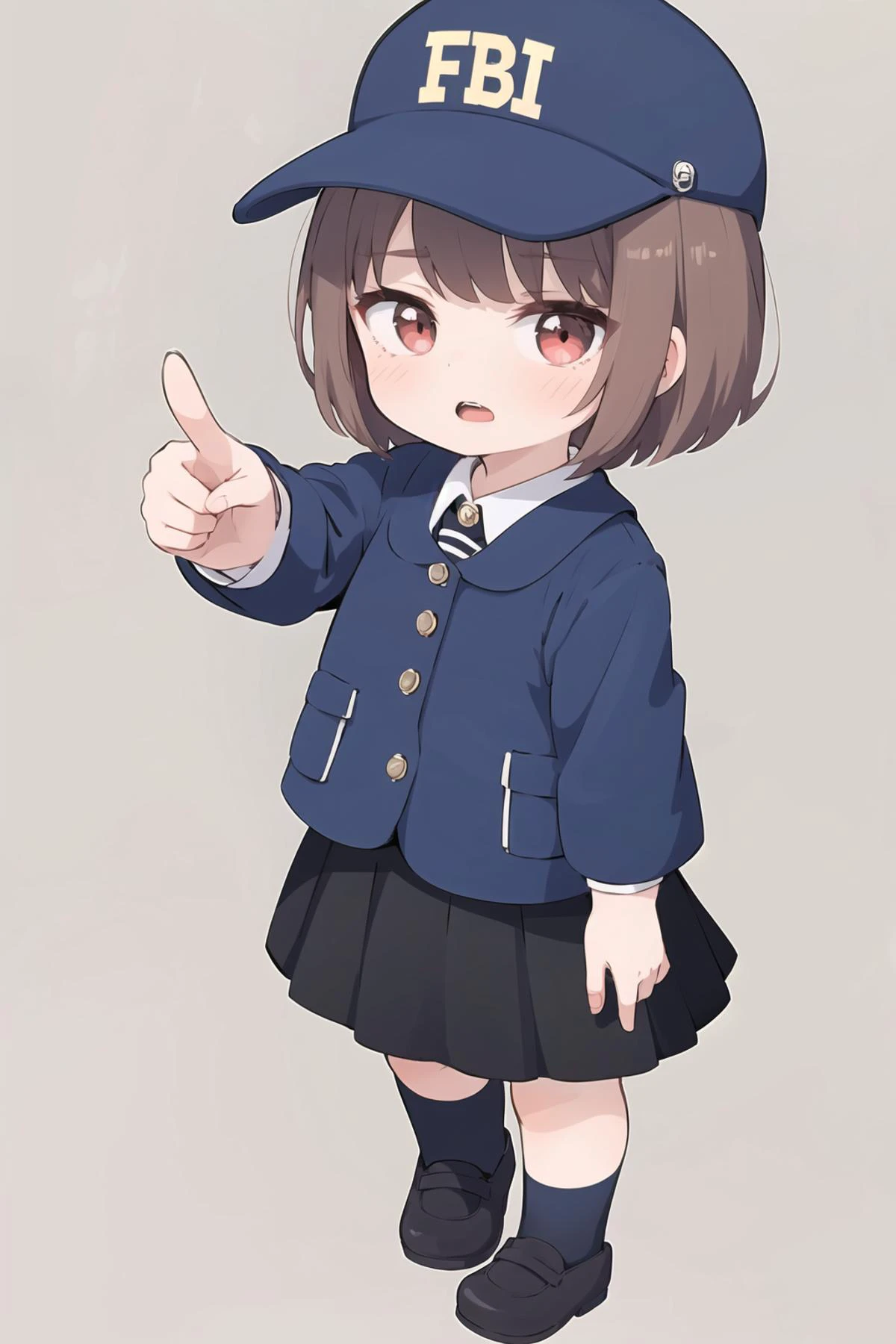1girl, solo, brown hair, open mouth, skirt, despise, plain background, red eyes, short hair, full body, looking at viewer, black skirt, white socks, eyebrows visible through hair, <lora:LoRA:0.8>, skistyle, ((blue fbi cap)), fbi, pointing finger straight at the viewer, <lora:gekioko_v200:0.2>