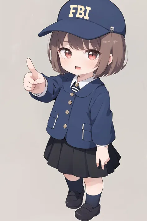 1girl, solo, brown hair, open mouth, skirt, despise, plain background, red eyes, short hair, full body, looking at viewer, black skirt, white socks,  eyebrows visible through hair, <lora:LoRA:0.8>, skistyle, ((blue fbi cap)), fbi, pointing finger straight at the viewer,  <lora:gekioko_v200:0.2>