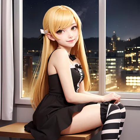 , flat chest, big lips, latex highleg strapless leotard, lipstick, long hair, blonde cat ears, blonde, striped tail, twin tails, bell collar, sitting on plastic chair, window, corset, tiny waist