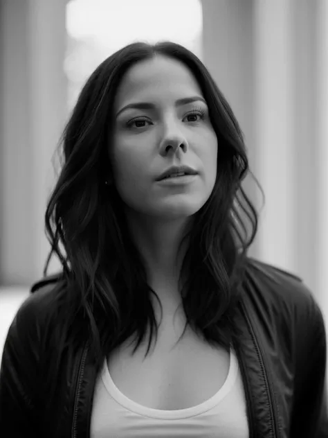 Realistic photo of a m4ryl0u1s3 woman, 1girl, solo, long hair, looking at viewer, shirt, closed mouth, jacket, monochrome, upper body, greyscale, blurry, lips, realistic, nose, professional Photography, Photorealistic, detailed, RAW, analog, sharp focus, 8k, HD, DSLR, high quality, Fujifilm XT3, film grain, award winning, masterpiece<lora:m4ryl0u1s3:1.0>