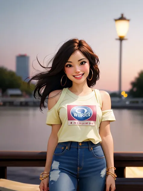 Realistic photo of a m4ryl0u1s3 l1ndyb woman,1girl, smile, brown hair, shirt, black hair, dress, bare shoulders, brown eyes, jewelry, standing, multiple boys, teeth, solo focus, pants, grin, blurry, bracelet, blurry background, halterneck, denim, jeans, realistic, soft lighting, professional Photography, Photorealistic, detailed, RAW, analog, sharp focus, 8k, HD, DSLR, high quality, Fujifilm XT3, film grain, award winning, masterpiece<lora:m4ryl0u1s3:1.0>