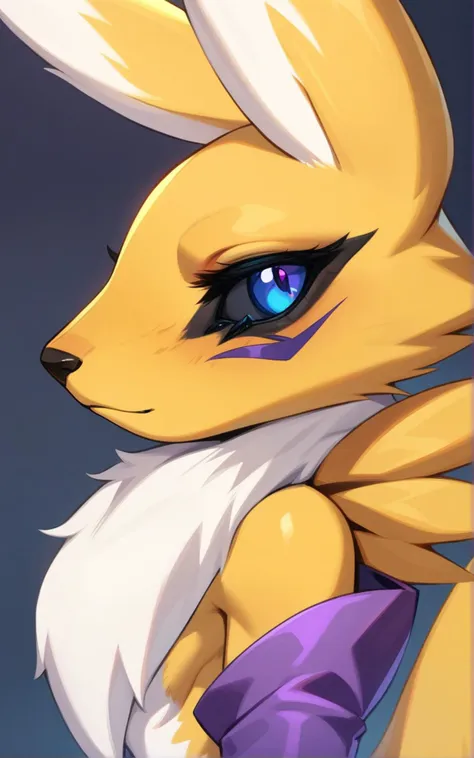 solo, furry, furry female, renamon, blue eyes, black sclera, elbow gloves, purple gloves, 
looking at viewer, light smile, standing, profile picture, from side, portrait, close-up, face focus, 
BREK masterpiece, best quality, very aesthetic, 
<lora:Renamon_XL:1>