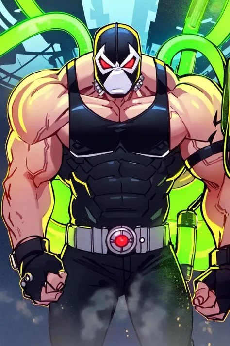 (masterpiece, best quality:1.2),intricate details, portrait, top torso<lora:LilandavastyleV2:0.75> lilandavastyle, 1boy, black white mask, green thick veins, green glowing tubes on arm and head, extremely large muscular man, red glowing eyes, gloves, black tank top, pants, boots, armor <lora:BaneDcComicsLora:1>