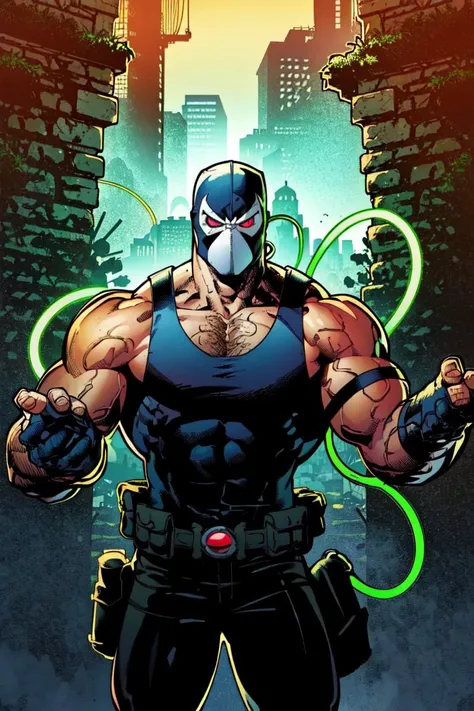 (masterpiece, best quality:1.2),intricate details, portrait, top torso, (cowboy shot:1.2), standing tall pose, adamhughesstyle, 1boy, clenched hands,  black white mask, green thick veins, green glowing tubes on arm and head, extremely large muscular man, red glowing eyes, gloves, black tank top, pants, boots, armor, broken brick wall background, comic panel <lora:BaneDcComicsLora:0.85>  <lora:AdamHughesStyleV7:0.95>