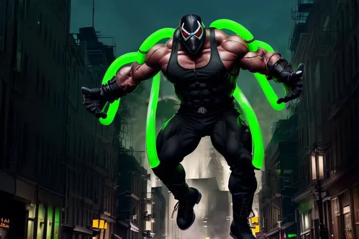 full body, photo of a (muscular female:1.4), (black mask,white symbolic in it), (gas_mask), red glowing eyes, bob cut, blonde,
(huge breast:1.4),
black tank_top, black gloves, Tactical Belt, black cargo pants, in (highheels),
green thick (veins:1.28), green glowing (tubes on arm and head:1.2), (intricate long tubes on back),
(dancing),
Horror Genre, (Creepy underground catacombs),
(highly detailed, best quality, realistic:1.4) <lora:bulkedupAI_bulkedupAIR15:0.29> <lora:BaneDcComicsLora:0.68>