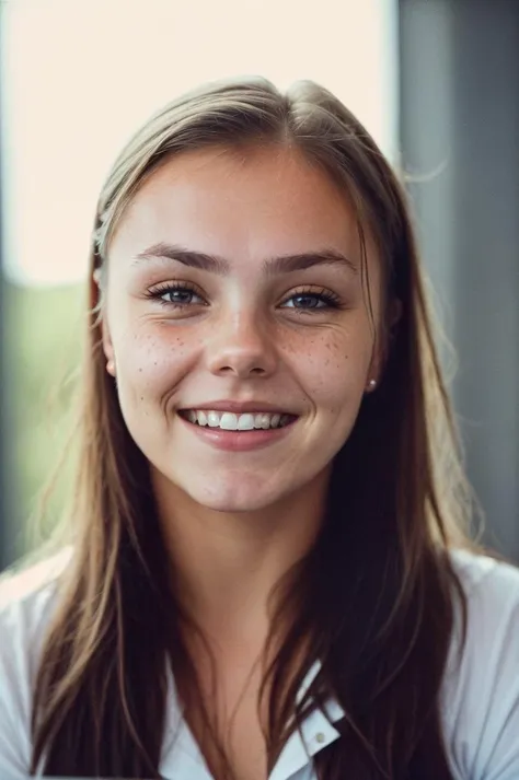 (Lieke_MartensV1), ,close-up, editorial photograph of a woman wearing a blouse, ((smile:1.4)), (grin512), (background inside dark, moody, private study:1.3) , POV, by lee jeffries, nikon d850, film stock photograph ,4 kodak portra 400 ,camera f1.6 lens ,rich colors ,hyper realistic ,lifelike texture, dramatic lighting , cinestill 800