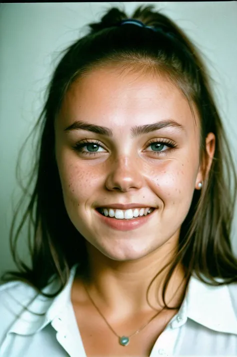 (Lieke_MartensV1), ,close-up, editorial photograph of a woman wearing a blouse, ((smile:1.4)), (grin512), (background inside dark, moody, private study:1.3) , POV, by lee jeffries, nikon d850, film stock photograph ,4 kodak portra 400 ,camera f1.6 lens ,rich colors ,hyper realistic ,lifelike texture, dramatic lighting , cinestill 800