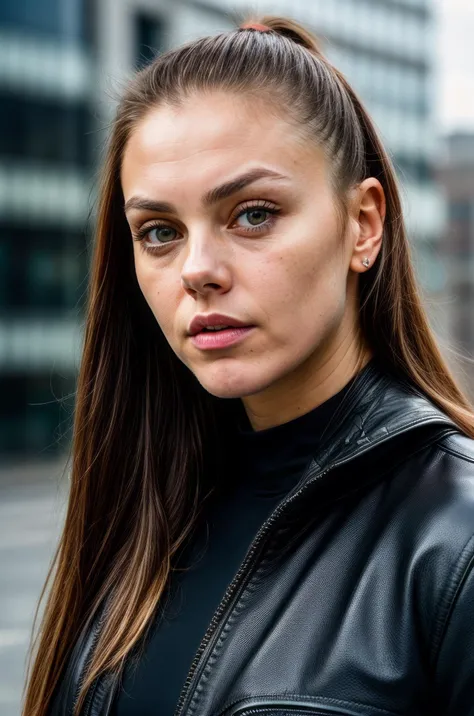 RAW photo, a portrait of Lieke_MartensV2, natural skin, 8k uhd, dslr, soft lighting, high quality, film grain, Fujifilm XT3, Mesh, sweater, leather jacket, and statement bracelet, Platinum silver, <lora:more_details:0.8>
