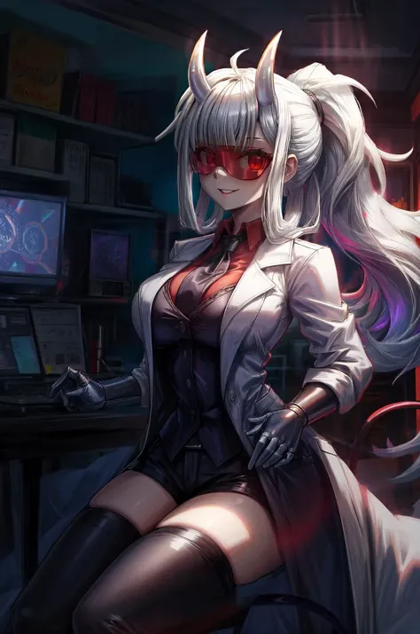(volumetric lighting, Highres), (Detailed Illustration), Ultra-Detailed, nsfw, (detailed background, complex background:1.2), smile, parted lips <lora:loremaster:1>, loremaster, long hair, horns, demon girl, tinted eyewear, ponytail, labcoat, shirt, coat, necktie, goggles, demon horns, white coat, red-tinted eyewear, red shirt, collared shirt, pants, demon tail, tail, black necktie (outdoors, garden, thighs) <lora:add_detail:.8> <lora:hairdetailer:0.6>