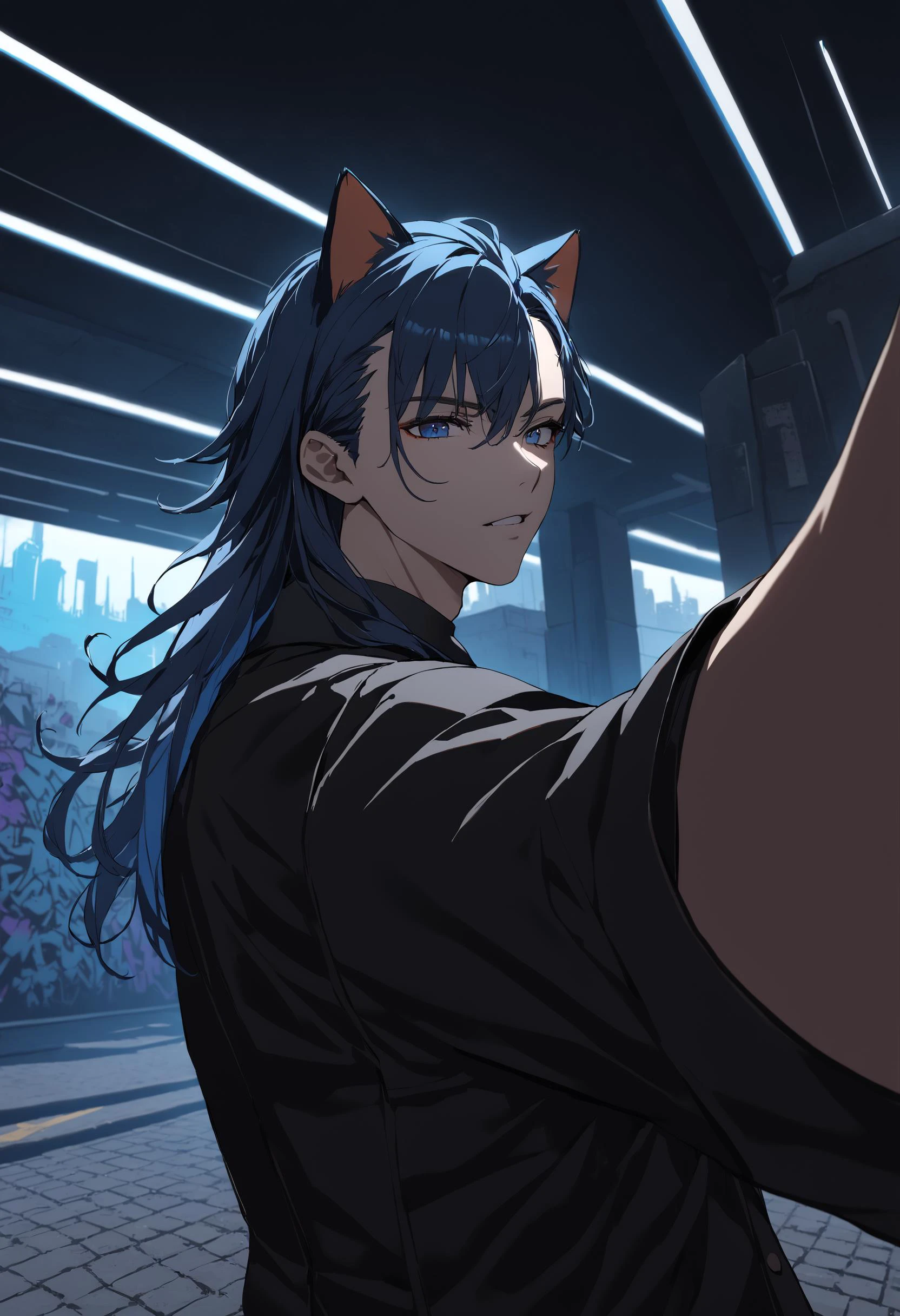 1boy, tobias x'voor, animal ears, blue hair, graffiti, cat ears, long hair, science fiction, road, shirt, solo, close-up, cinematic angle, foreshortening, dark, dark background, cinematic lighting, masterpiece, best quality, <lora:TobiasXvoorXL:0.8>