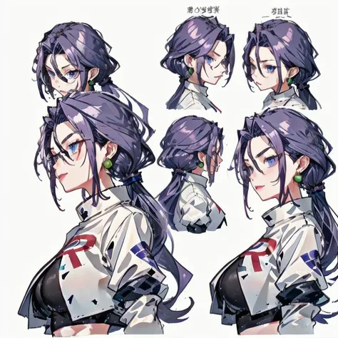 <lora:Multi_Portrait:1>
<lora:jessie_pokemon:1> jessie_pokemon, earrings, team rocket uniform, crop top, very long hair, purple hair, hair slicked back, large breast