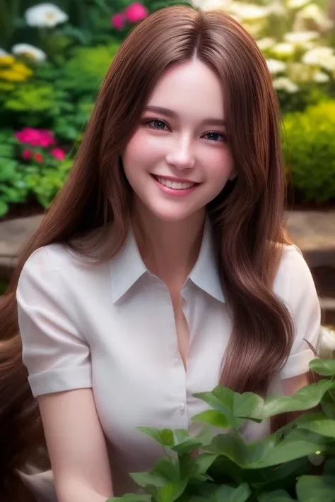 girl, beautiful, (long brown hair, brown eyes, smiling:1.5), (white shirt:1.4), (garden:1.3), (looking at camera, solo, centered, portrait:1.2), (best quality, high quality:1.1), ultra detailed 8k cg, realistic, cinematic bloom, cinematic lighting, photorealism, photorealistic, hyperrealism