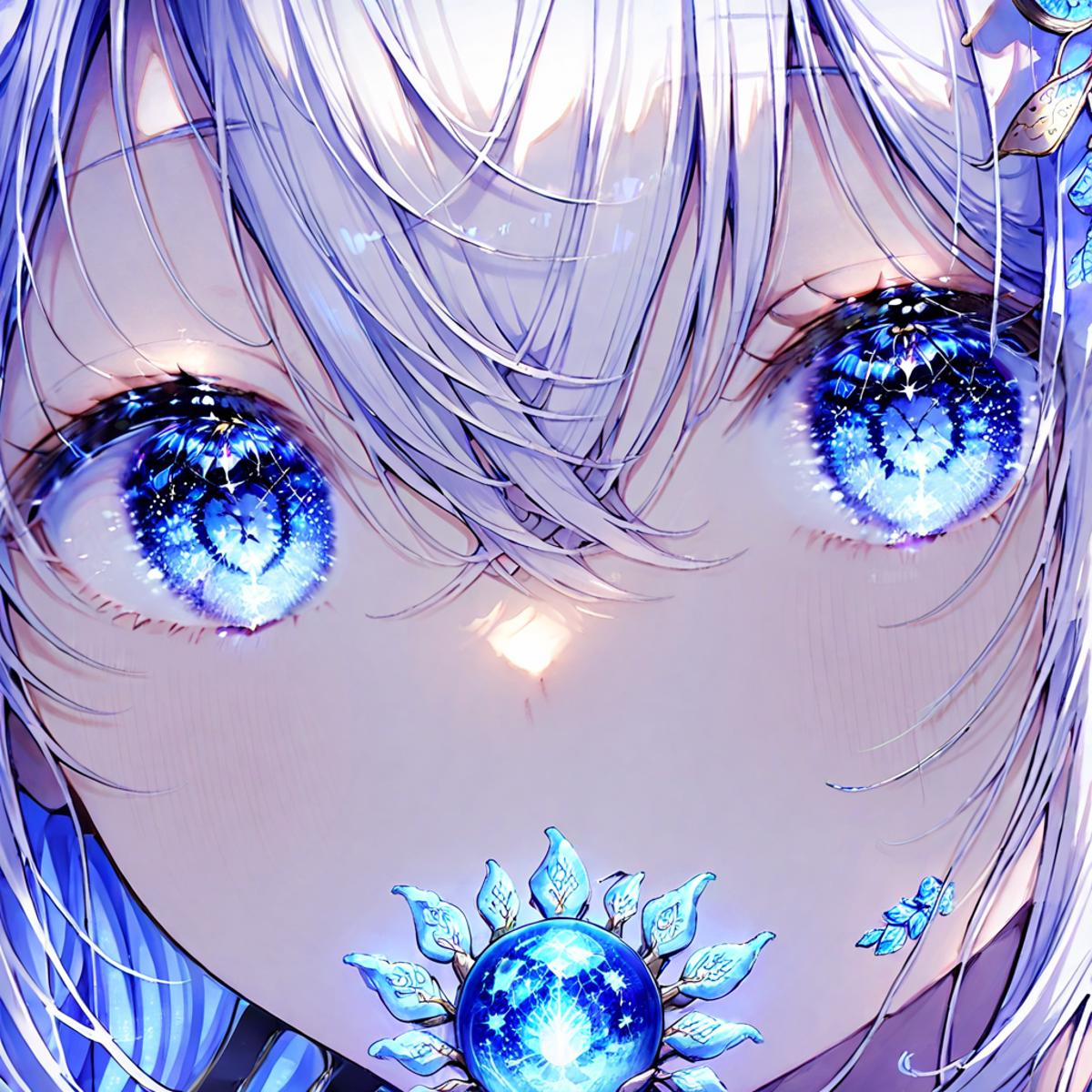Anime girl with blue eyes and a blue flower in her hair - SeaArt AI