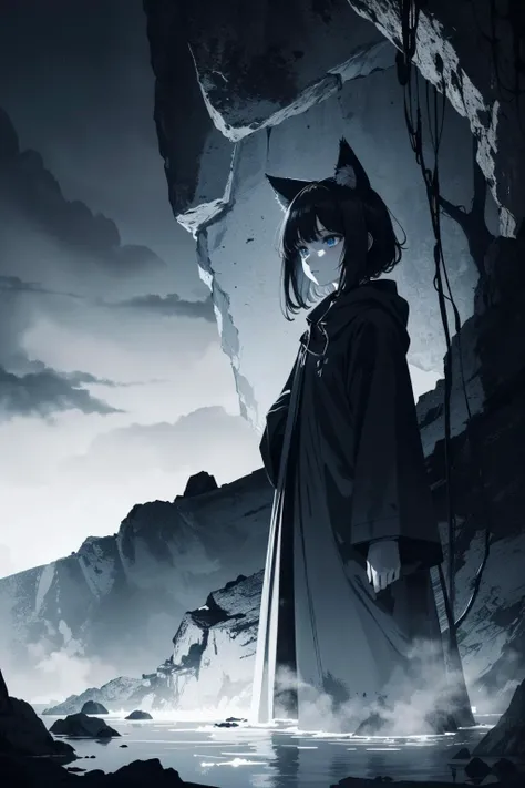 solo, wolf ears, cave, underground, sad, blue eyes, black hair, 1girl, water, ((dark lighting, dark, night, low color gamma)), fog