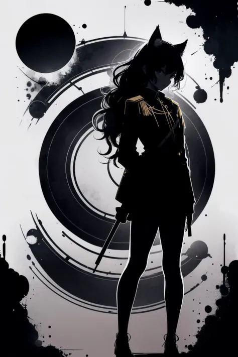 (black silhouette:1.5), 1girl, thick (white outlines:1.3), circular, military uniform, (omni:1.3), art style, ink, white and violet, 1girl, solo, long hair, (creative:1.3), animal ear fluff, plants, luxury, golden aura