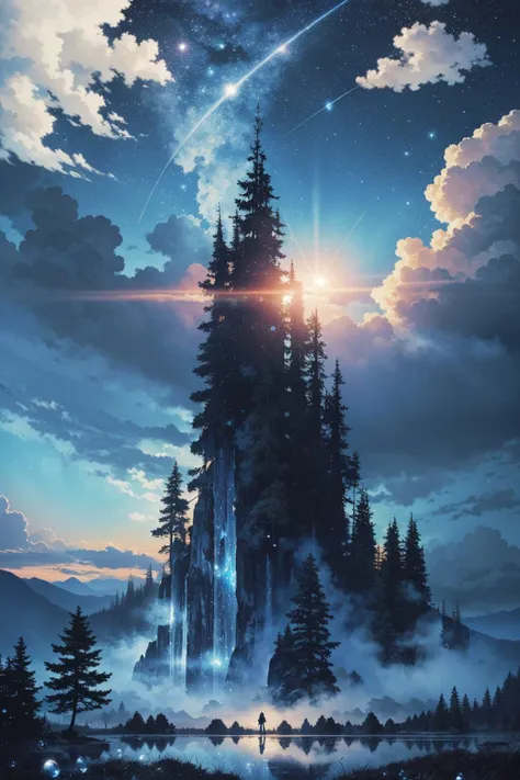 masterpiece, best quality, extremely detailed cg unity 8k wallpaper, scenery, no humans, bubble, sky, nature, tree, star (sky), blue theme, forest, night, outdoors, signature, starry sky, night sky, cloud, air bubble, underwater, artist name, water, fantasy, moon, cloudy sky, water drop, blue sky, planet, reflection, sunlight, light rays, blurry, light particles