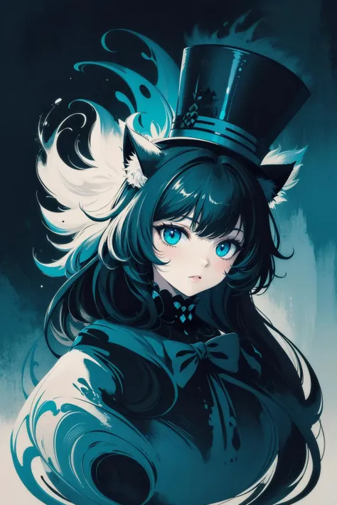 masterpiece, best quality, ultra high res, a cute cat, beautiful, visually stunning, elegant, incredible details, award-winning painting, high contrast, vector art, line art, splatter, flat color, color merge gradient, (kitten:0.7), (dark teal theme:1.2), n3on, glowing, neon, (fluffy:1.2), top hat, cat eyes, serious, white