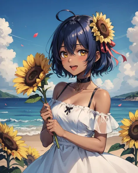 1girl, flower, solo, sunflower, dark skin, dark-skinned female, outdoors, smile, open mouth, blue hair, looking at viewer, yellow eyes, holding, dress, day, blush, choker, sky, ahoge, white dress, ribbon, bare shoulders, cloud, holding flower, hair ribbon, :d, blue sky, short hair, black hair, petals, ocean, hair between eyes, hair ornament