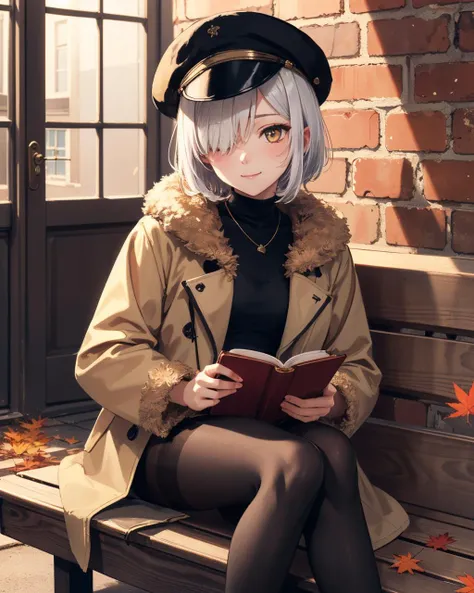 depth of field, (autumn light:1.2), 1girl, white hair, short hair, long banns, golden eyes, hair over one eye, put book on her knee, slight smiling, beige fur coat, black painters hat worn a side, black pantyhose, sitting on a wooden bench, outdoors, red brick walls behind, country streets, Windows on walls,