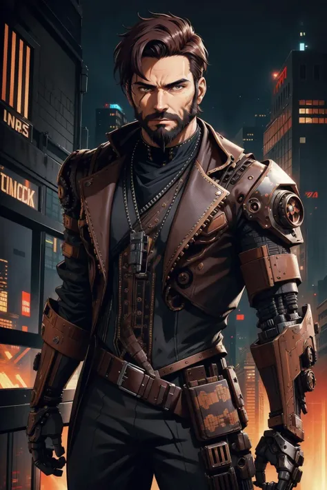 1boy, male focus, solo, facial hair, wild beard, (toned:0.1), dark [red|black] hair, formal, looking at viewer, (from above:0.9), suit, dark theme, ([cyberpunk|steampunk]:1.3), cartoon stylish, (expressive), (cybernetic:1.18), superman, toned, serious, vibrant, (colorful, thick outlines, flat color:1.12), fantasy