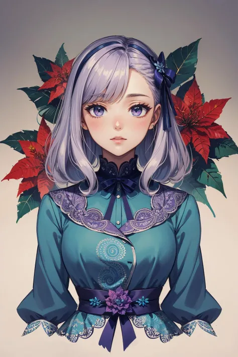woman, paisley outfit, waist up portrait, (purple poinsettia), filigree, big hair bow, (paisley)1.3, (white purple and teal)1.2, masterpiece, 8k, trending on pixiv, highest quality