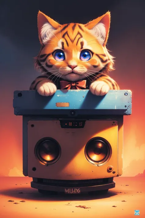 (masterpiece:1.1), (highest quality:1.1), (HDR:1.0), a cute kitten, animal, fluffy, (adorable), natural lighting, orange and blue, (expressive cartoon), expressive face, (synthwave:1.2)