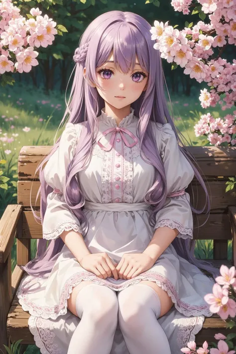 detailed background, superb, 1girl, long hair light purple hair, curly hair, cute, eyelashes, sitting, white dress, pink ribbon around her waist, pink flats, white thighhighs, beautiful 8k wallpaper, outdoors, nature, tree, bush, flower, rustic, extremely detailed, intricate