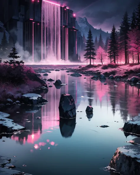 (masterpiece:1.1), (highest quality:1.1), (HDR:1.0), scenic, water, dark environments, magenta theme, water, reflection, prism