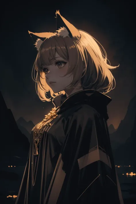 anime, masterpiece, best quality, (dark theme:1.2), (neon light, high contrast:1.2), hdr, (chiaroscuro:1.3), (tan), 1girl, solo, neon poncho with tassels, (gold trim), diamonds, animal ear fluff, scenery, octans, (dark art:1.18), deep shadow, (white outlines:1.18)