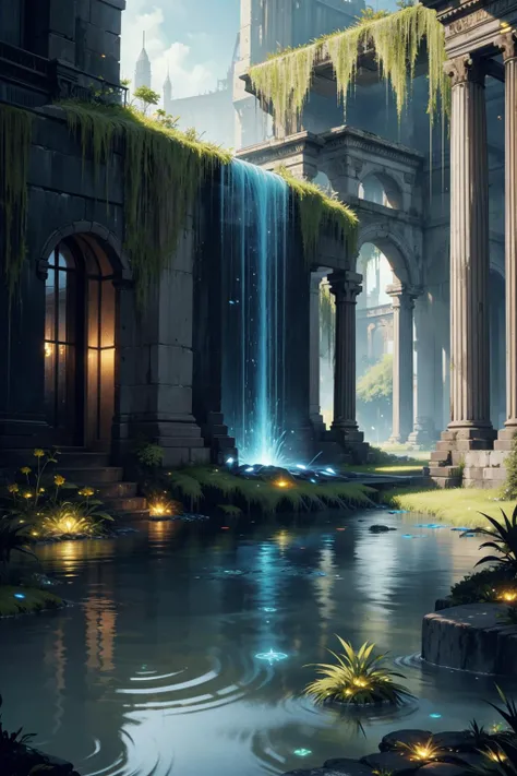 extreme quality, cg, photorealistic, (bright colors:0.9), light, elemental, water magic, blue, water, magical, righteous, (outdoors), masterpiece, 8k, (tone mapping, hyper focus:0.5), limited palette, (dappled sunlight:0.7), reflective surface, orange, wholesome, (varied depth of field:0.8), complimentary colors, particle dust, green embers, (ancient), (pyramid:0.7), flood, (vegetation), plants, (destiny 2:1.25), (no humans:1.5), (neon cyber technology:1.27), (architecture:0.8), magical, ruins, (catacomb:0.7), ripples, granite, detailed texture, flower, marble, vine