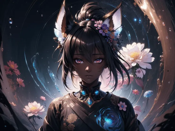 (abstract art:1.2), fractal art, psychedelic art, (style of Yuko Shimizu:1.1), __color__ theme, dark theme, 1girl, flowers, animal ear fluff, (neon color), hyper fusion, cyber, hair ornament, somber expression, dark __color__ accent, masterpiece, best quality, ultra high res, award-winning art, highly detailed, beautiful aesthetic, ethereal, bubble atmosphere, (fisheye perspective), (dark skin, dark-skinned female), (__emotion:1.2), heat haze, (distortion shimmer:1.3), __aesthetic__