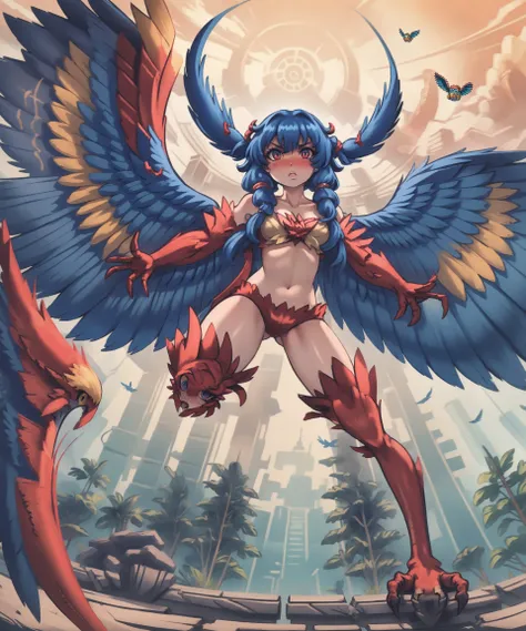 masterpiece, best quality,  <lora:terraria_harpy-10:0.9> trharpy, monster girl, winged arms, bird legs, large breasts, sky, clouds, (flying:1.6), wide shot