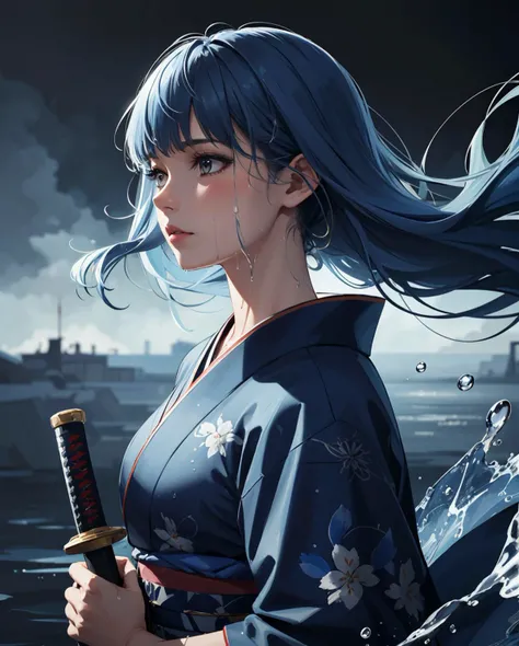 epic realistic, (close up), 1girl, floating blue_hair, long hair, (water:0.7), waterdrop, wet, holding_katana, blue_kimono with pattern, ultra detailed, (textured_clothing), black_background