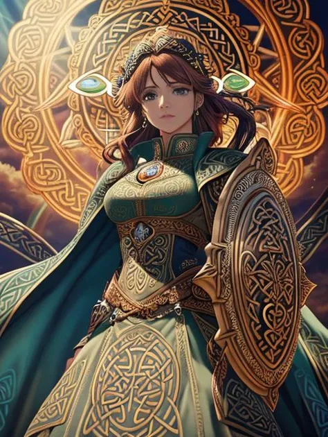 RAW photo of a beautiful Irish woman, wearing (ornate dress , halo with celtic_knotwork:1.3), sword, shield, harp, sorrowful, sad, morose, looking at viewer, auburn hair, perfect blue eyes, cinematic composition, cinematic lighting, golden hour, (rainbow in sky:1.2), hyper detailed, solo focus, beautiful clouds, masterpiece, best quality, perfect hands, <lora:Celtic_Knotwork:1>, <lora:detail_slider_v4:3>,