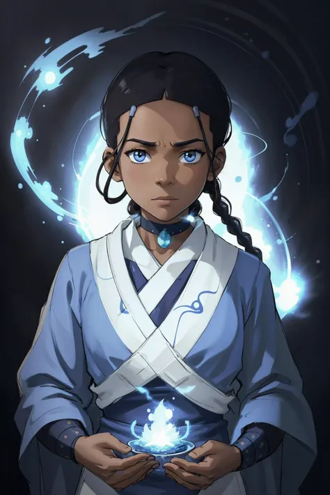 katara, dark skin, dark-skinned female, blue eyes, braid, choker, jewelry , (splash:0.8), portrait, solo, (full body:0.6), looking at viewer, detailed background, detailed face, (nvdreampunk theme:1.1), ancient oracle, mystic, faint smile, trance-like state, white robes, long sleeves, puffs of incense, glowing magic lightning pouring from eyes, levitating glyphs, constellations in background, magical lighting, epic atmosphere, epic composition