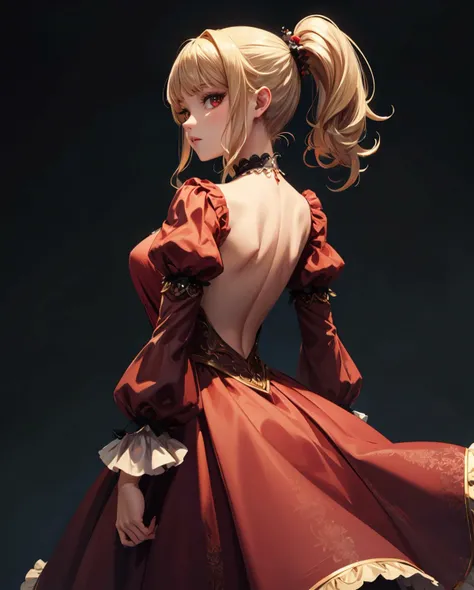 (masterpiece, best quality:1.2), extremely detailed, detailed hair, soft skin, 1girl, solo, standing, upper body, from behind, blonde hair, long hair, high ponytail, long ponytail, red eyes, long eyelashes, thick eyelashes, looking at viewer, red dress, backless dress, ornate dress, puffy skirt, long skirt, puffy sleeves, juliet sleeves, long sleeves, black background, nude, <lora:more_details:0.31337>