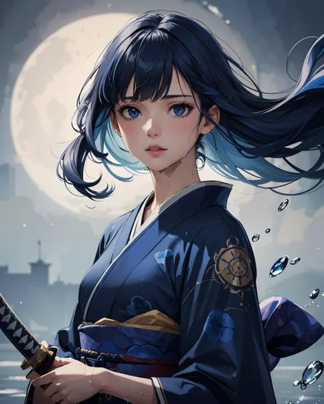 epic realistic, (close up), 1girl, floating blue_hair, long hair, (water:0.7), waterdrop, wet, holding_katana, blue_kimono with pattern, ultra detailed, (textured_clothing), black_background