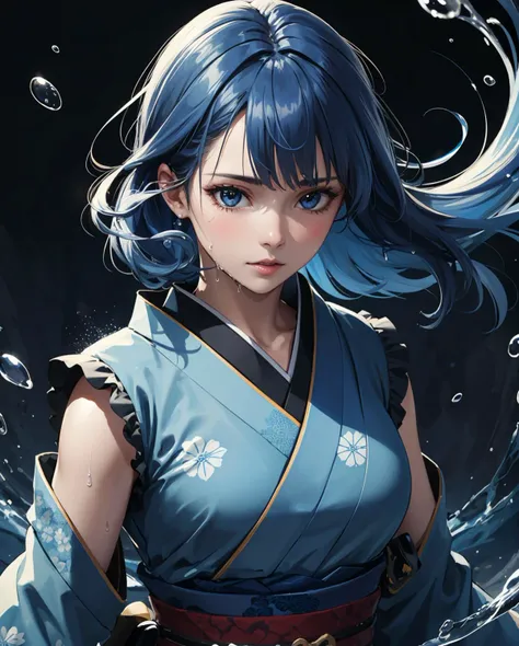 epic realistic, (close up), 1girl, floating blue_hair, long hair, (water:0.7), waterdrop, wet, holding_katana, blue_kimono with pattern, ultra detailed, (textured_clothing), black_background