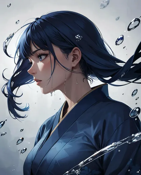 epic realistic, (close up), 1girl, floating blue_hair, long hair, (water:0.7), waterdrop, wet, holding_katana, blue_kimono with pattern, ultra detailed, (textured_clothing), black_background