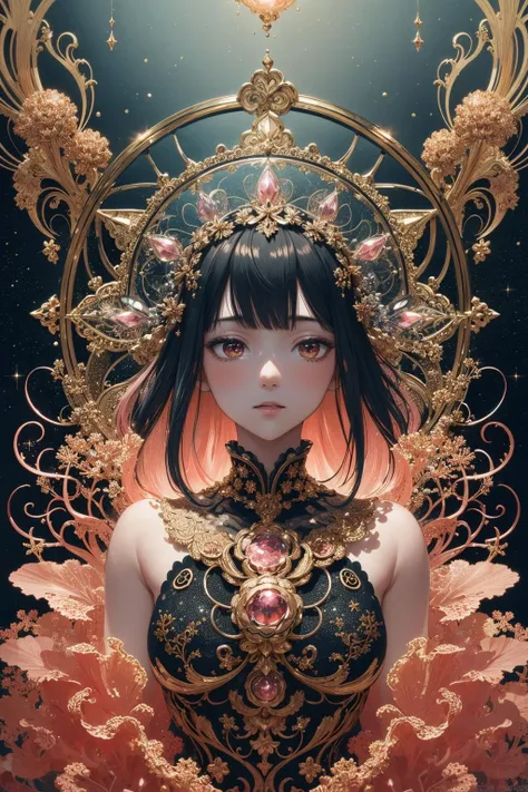 photo RAW,(Black and pink : Portrait of a ghostly jellyfish , shiny aura , highly detailed , gold filigree , intricate motifs , organic tracery, by Android jones, Januz Miralles, Hikari Shimoda, glowing stardust by W. Zelmer ,perfect composition , smooth , sharp focus , sparkling particles , lively coral reef background Realistic, realism, hd, 35mm photograph, 8k), masterpiece, award winning photography, natural light, perfect composition, high detail, hyper realistic