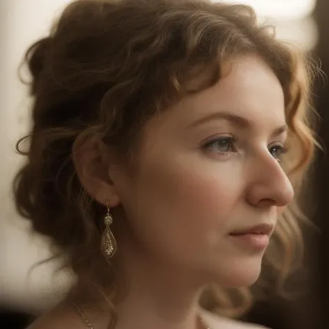 medium close up, Best quality, masterpiece, ultra high res, (photorealistic:1.4),pennynose woman as a fashion model, professional photoshoot, from side, side profile, showing off nose, (face looking up:1.3), jewelry,cleavage, motion blur,(film grain:1.4), camera cinematic, <lora:pennynose:0.9>