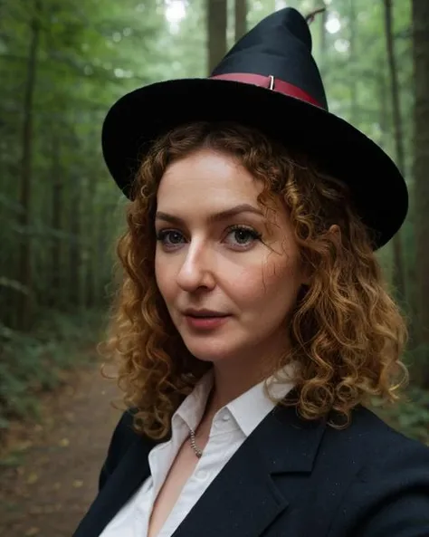 (pennynose), a woman <lora:pennynose:0.8> in a forest, dressed as a wicked witch, pointy hat, large nose, cloudy day, curly hair, post apocalyptic, fallout, fallout 4, atompunk, wallpaper, intricate, sharp focus, rtx, professionally color graded, well drawn, masterpiece, ultra detailed, high quality, best quality, 4k, 8k, raw