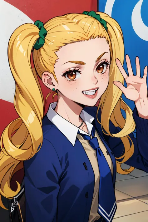 masterpiece, best quality, absurdres, beautiful, graffiti, grin
<lora:Ayase:1> ayasep1, school uniform, necktie, twintails, freckles