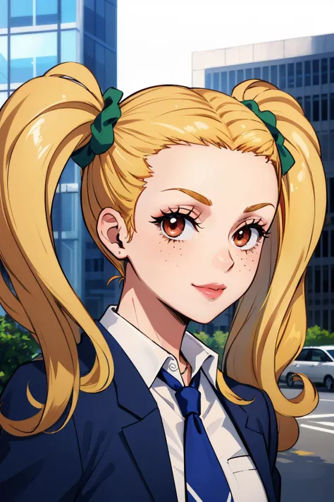 masterpiece, best quality, absurdres, beautiful, city, smile, looking at viewer
<lora:Ayase:1> ayasep1, school uniform, necktie, twintails, freckles