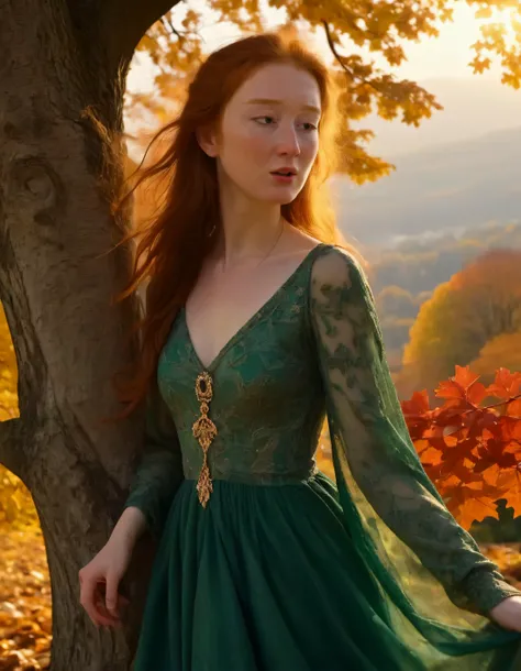With a look that seems to pierce through the very soul of the observer, Eli, adorned with delicate, antiquated jewelry and possessing a rich brown hair cascade that falls like a waterfall down her shoulders, stands alone in an ethereal elegance amidst the golden hour of a chilly autumn afternoon, her gaze fixed intently out towards the distant, misty valley below, framed by the crimson foliage of an ancient oak tree, her flowing emerald-green gown billowing gently in the breeze, as the soft, melancholic strains of a forgotten lullaby escape into the cool air, casting a warm, honeyed glow upon her fair, freckled complexion and long, dramatic shadows that stretch across the rich tapestry of leaves beneath her feet. <lora:zzprmp18fc1ea5245gb85:1>