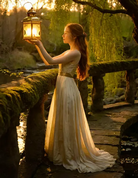 In the ethereal realm of an enchanting twilight forest, under the dusky boughs of delicate, glowing lantern-like mushrooms, there stands a captivating young woman clad in an ivory silk gown that billows softly around her like whispers of thousand secrets. Her hand delicately placed upon stone railing, other holding a small antique lantern aloft, casting warm glow dances across delicate features as she stands poised on mosscovered stone bridge, arched gracefully over babbling brook that mirrors vibrant hues of setting sun. A single willow tree bathed in gold stands sentinelike behind her its branches reaching out as if to embrace her as she leans forward, one hand delicately placed upon railing, other holding lantern aloft. The entire scene is bathed in a soft romantic lighting, with just enouth darkness to create sense mystery and intrigue. Eli <lora:zzprmp18fc1ea5245gb85:1>