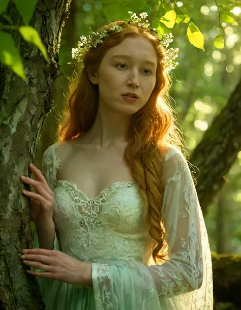 In the heart of an enchanted forest, where sunlight dapples through emerald canopies and twinkling fairy lights illuminate a hidden glade, stands a breathtakingly ethereal young woman, her exquisite features framed by cascading waves of goldend hair, which glows under the soft warm light filtering through the leaves above, dressed in an elegant gown of purest white, adorned with delicate lace and intricate embroidery, she is a vision of timeless beauty. Her eyes, as deep and mystereal as moonlit lake, gaze serenly into the distance, hinting at a wisdom far beyond her years. One hand rests gently on a gnarled tree trunk, her fingers intertwined with the rough bark, as if she is communing with ancient spirits of woods. Other hand cradles a small bouquet wildflowers, their vibrant colors contrastaginng beautiful against monochromme palette of ensembel, her pose is one poised grace and effortless eleganceleage, evoking images classic portraits from Renaissancera era. The breeze rustles leaves around her creating a sense of tranquility harmony with nature, as if she was truly part enchanting world surrounds her. Eli <lora:zzprmp18fc1ea5245gb85:1>