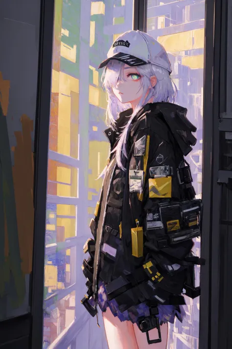 masterpiece, best quality, 4k, UHD, mishoujo, painting, beautiful eyes and detailed face, illustration, beautiful detailed, high resolution illustration, glowing_white_particles, 1girl, white hair, light purple eye, hair over one eye, short sidetail, baseball cap,expressionless, window shade, black jacket, chest rig, cyberpunk, techwear,(Impressionism:1.4)